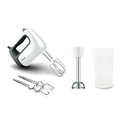 Mixer de mână Prep'Mix HT462138, 500 W, 5 trepte de viteză, funcție Turbo, 2 teluri, 2 cârlige, picior pasator, pahar gradat, alb