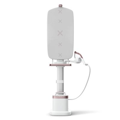 Aparat de călcat vertical cu abur Tefal Ixeo Vision QT1811E0, 2200 W, jet de abur 200 g/min, abur variabil 80 g/min, 1,4 L, masă de călcat integrată, oprire automată, alb & roz