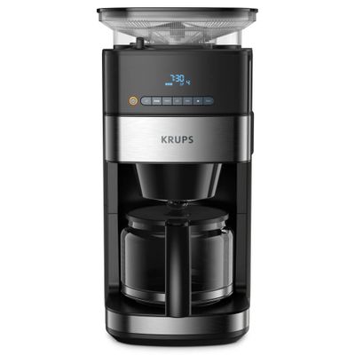 Cafetiera cu rasnita Krups Grind&Brew KM832810, vas din sticla, 1.25L, 3 setari, display digital, negru/metalic