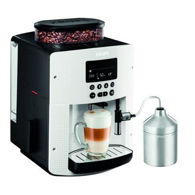 Espressor automat Krups Essential Display Cappucino EA816170, 1450W, 15 bari, 3 trepte de temperatură, rezervor boabe 260g, rezervor apă detașabil 1.7L, duză cappuccino, recipient lapte inclus, alb