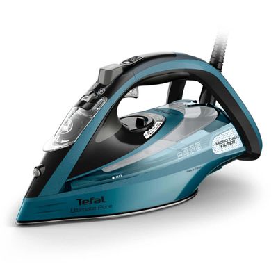 Fier de călcat cu aburi Tefal Ultimate Pure FV9851E0, 3200W, jet de abur 300 g/min, abur variabil 60 g/min, rezervor apă 350 ml, talpă Durilium AirGlide AutoClean, oprire automată, albastru & negru