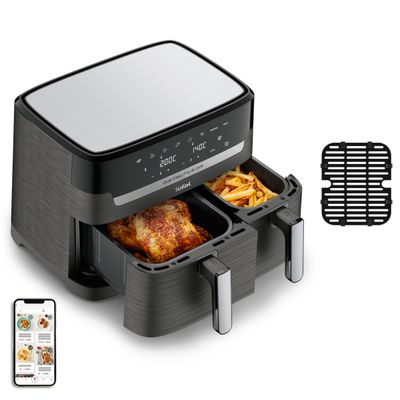 Friteuză cu aer cald Dual Easy Fry&Grill Tefal EY905B10, 2700 W, capacitate 8.3 L - Air fryer cu 8 programe automate, Tehnologia ExtraCrisp, vas detasabil antiadeverent, Display LCD, gri