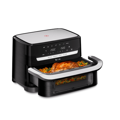 Friteuză cu aer cald Tefal Dual Easy Fry Flex EY9228E0, 2700W, 9L, 7 programe, cuvă dublă, accesoriu FlexCook, oprire automată, display LCD, fereastră supraveghere, temperatură 40°C - 200°C, negru & argintiu