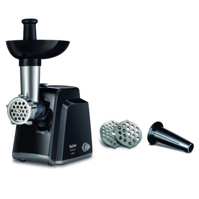 Mașină de tocat carne Tefal Classic NE105838, 1400W, 1.7 kg/min, funcție reverse, cuțit de mărunțire, 2 site de tocat, accesoriu pentru cârnați, negru