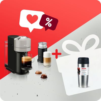 Pachet PROMO Espressor cu capsule Nespresso Vertuo Next by Krups XN911B10 + Aeroccino & Termos Tefal Travel Mug Classic N2020110