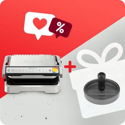 Pachet PROMO Grătar electric Tefal OptiGrill 2 în 1 GC773D30 & Presă pentru burgeri Tefal K1851134