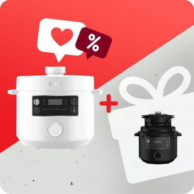 Pachet PROMO Multicooker cu gătire sub presiune Tefal Turbo Cuisine CY754130 & Accesoriu pentru gătire cu aer cald Tefal Turbo Crisp LF101810