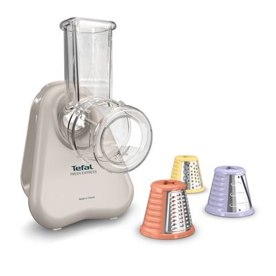 Razatoare electrica 3-in-1 Tefal Fresh Express DN853BE0, 150W, sistem de ventilatie, 3 conuri detasabile pentru razuire fina & grosiera, feliere, gri