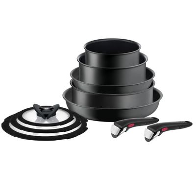 Set 10 piese Tefal Ingenio Ultimate L7649153, oala 16 / 20 cm, tigaie wok 24 cm, tigaie saute 24 cm, tigaie 28 cm, 2 mânere, capace de sticlă 16 / 20 / 24 cm, înveliș antiaderent, negru