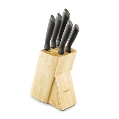 Set de 5 cuțite & suport Tefal Comfort Touch K221SA04, mâner ergonomic, suport din lemn, argintiu & negru