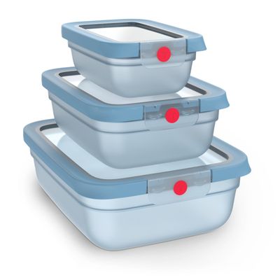 Set de 5 caserole Tefal ONEClick N1230210, 0.5 / 1.2 / 2.3 L, plastic, închidere 100% etanşă, fără BPA, albastru