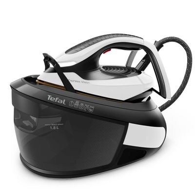 Stație de călcat cu abur Tefal Express Vision SV8156E0, 2800W, 8 bari, abur variabil 0 - 130 g/min, jet de abur până la 130 g/min, colector pentru calcar, rezervor apă 1.8L, negru & alb