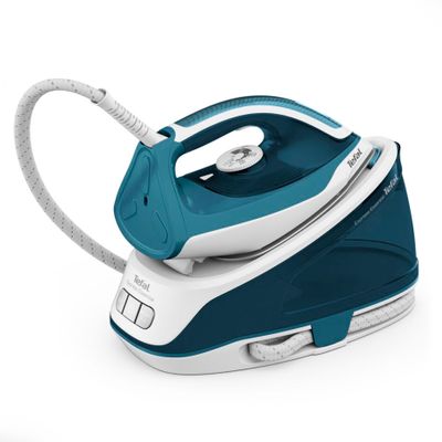Stație de călcat cu abur Tefal Express Essential SV6115E0, 2200W, 5.2 bar, jet abur 280 g/min, capacitate recipient 1.4L, tehnologie Calc Clear, talpă Xpress Glide, alb/verde