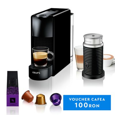 Pachet Espressor Nespresso by Krups Essenza Mini XN111810, 1450W, 19 Bar & Aparat pentru spumare lapte Aeroccino 3 Negru, 0.6L, negru