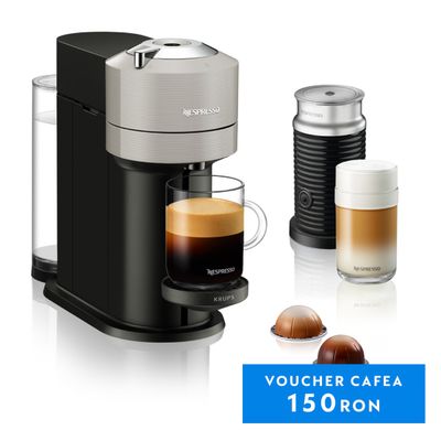 Espressor cu capsule Nespresso Vertuo Next by Krups XN911B10 + Aeroccino, 1500 W, 1.1 L, 12 capsule cadou, gri deschis & negru