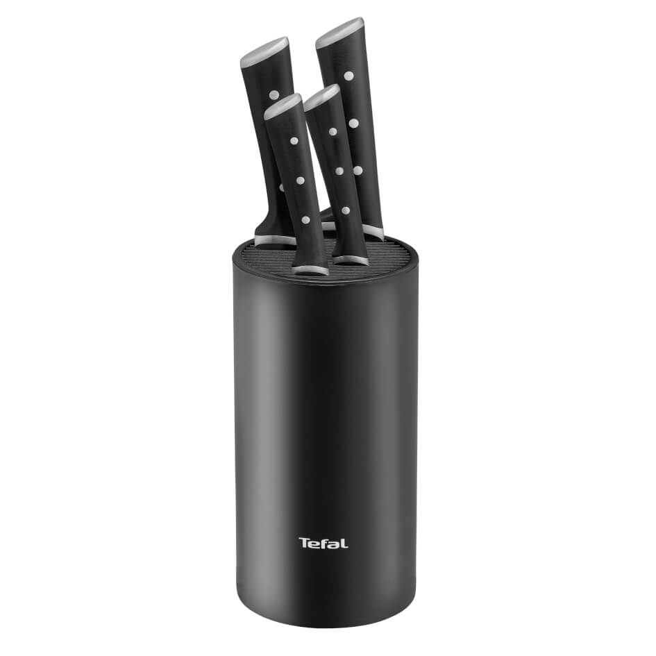 Set de 5 cuțite &amp; suport Tefal Ice Force K2325S75, cuțite din oțel inoxidabil cu protecție pentru deget, inox german, negru