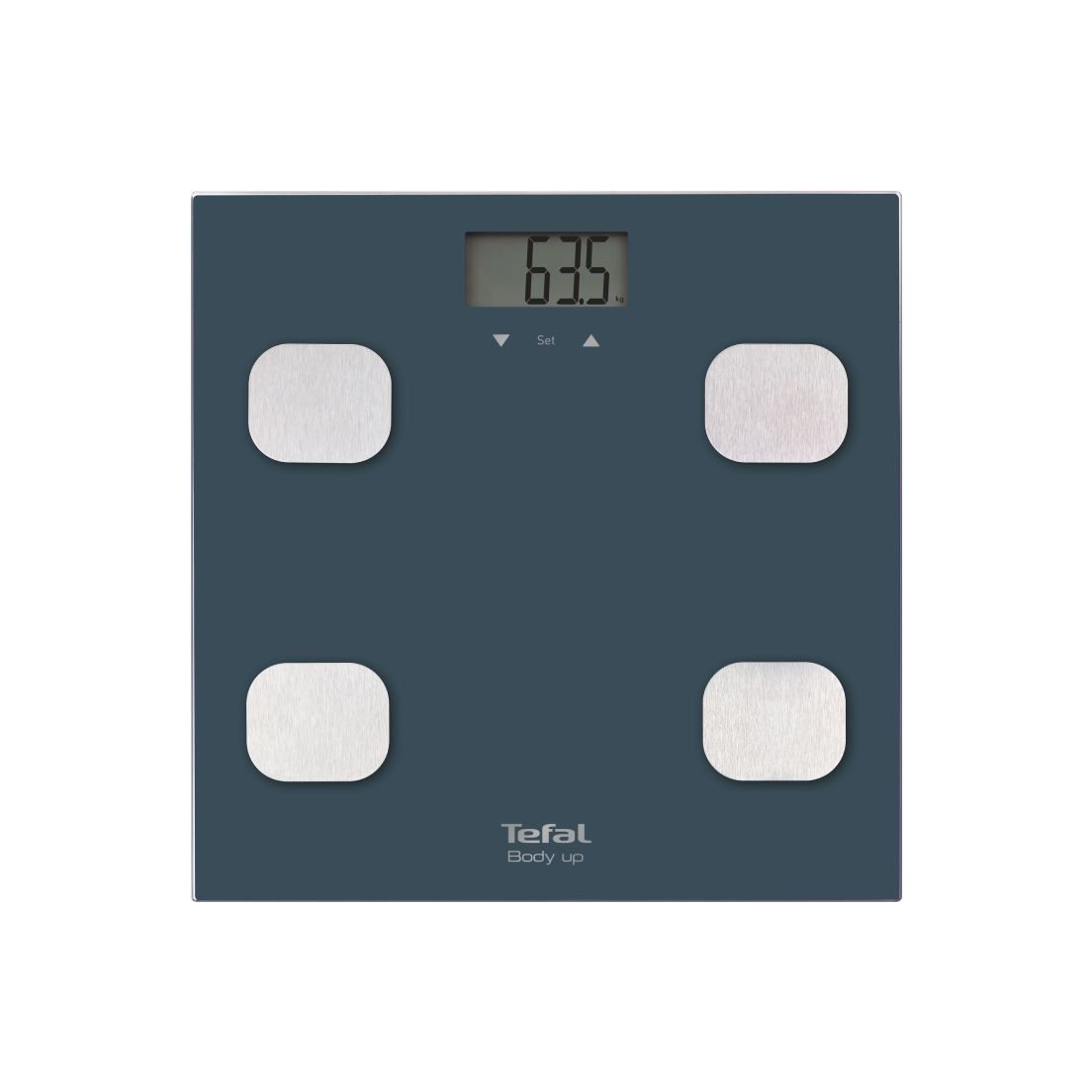 Cântar de baie inteligent Body Up BM2520V0, indice de masă corporală, 8 memorii, 35 mm grosime, 150 KG, gradații la 100 g, 32 x 32 cm, sticlă, albastr