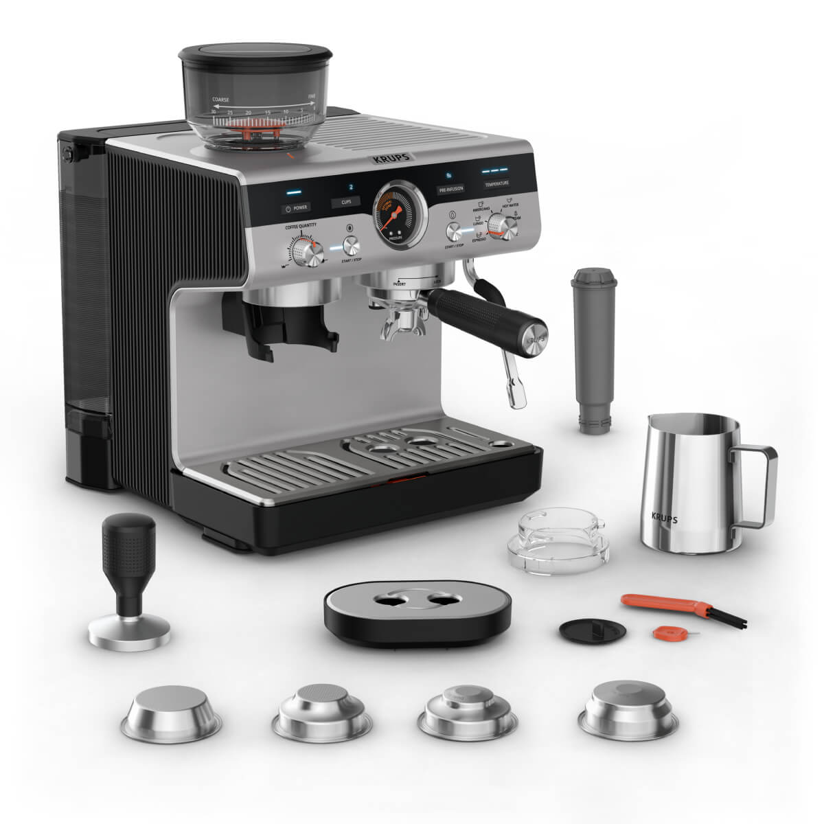 Espressor manual cu rasnita Krups Precision XP801T10, 15 bari, rezervor apa 3.5 L, 30 trepte de rasnire, 3 trepte temperatura, 3 trepte pre-infuzare,