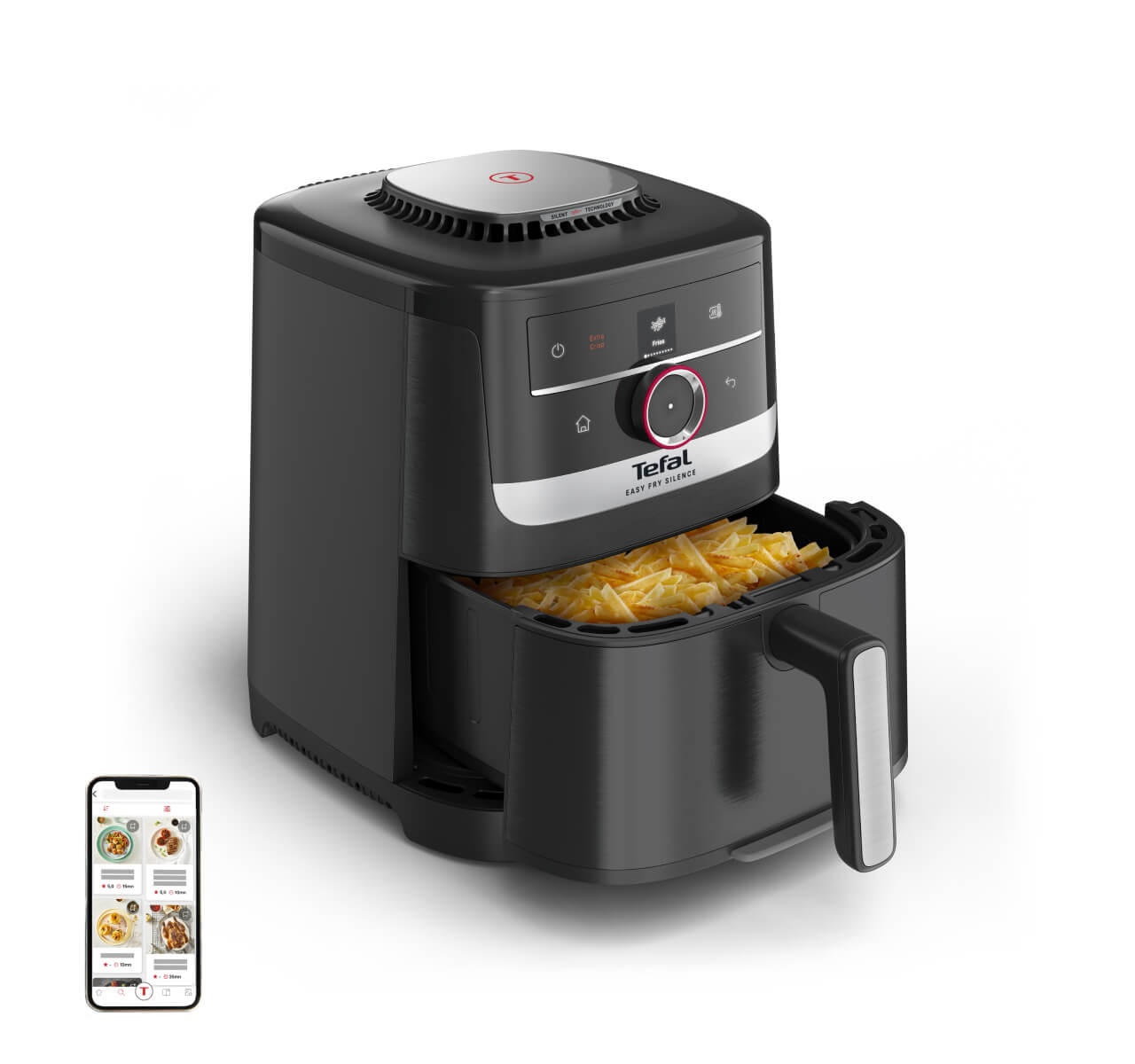 Friteuză cu aer cald Tefal Easy Fry Silence EY5728E1, 1670W, 5L, 11 programe, gătire silențioasă, funcție Smart Assist, display LCD, temperatură 40°C