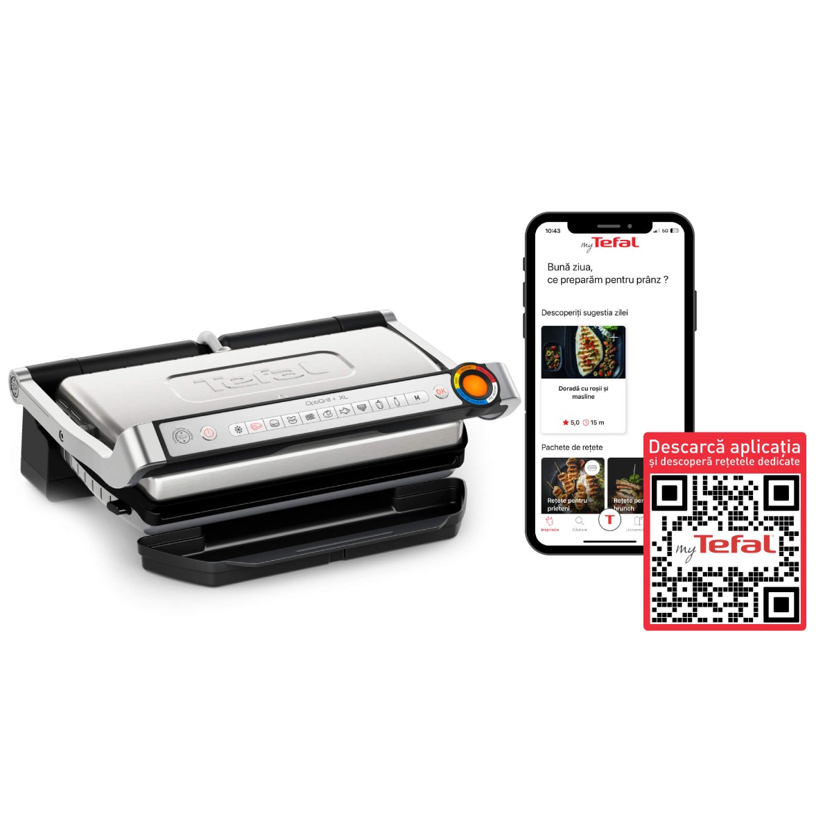 Grătar electric Tefal OptiGrill+ XL GC727D10, 2000W, 9 programe automate, plăci antiaderente 40x20 cm detașabile, tăviță pentru colectare, mod auto ș