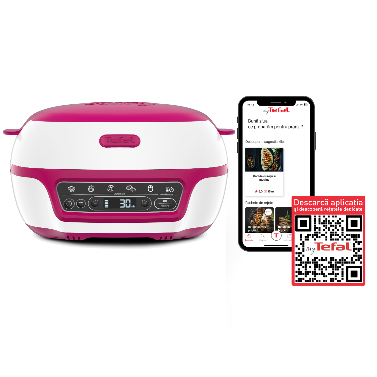 Aparat pentru desert Cake Factory KD810112, 1100W, 5 programe, 13 accesorii, carte de rețete, alb / roz