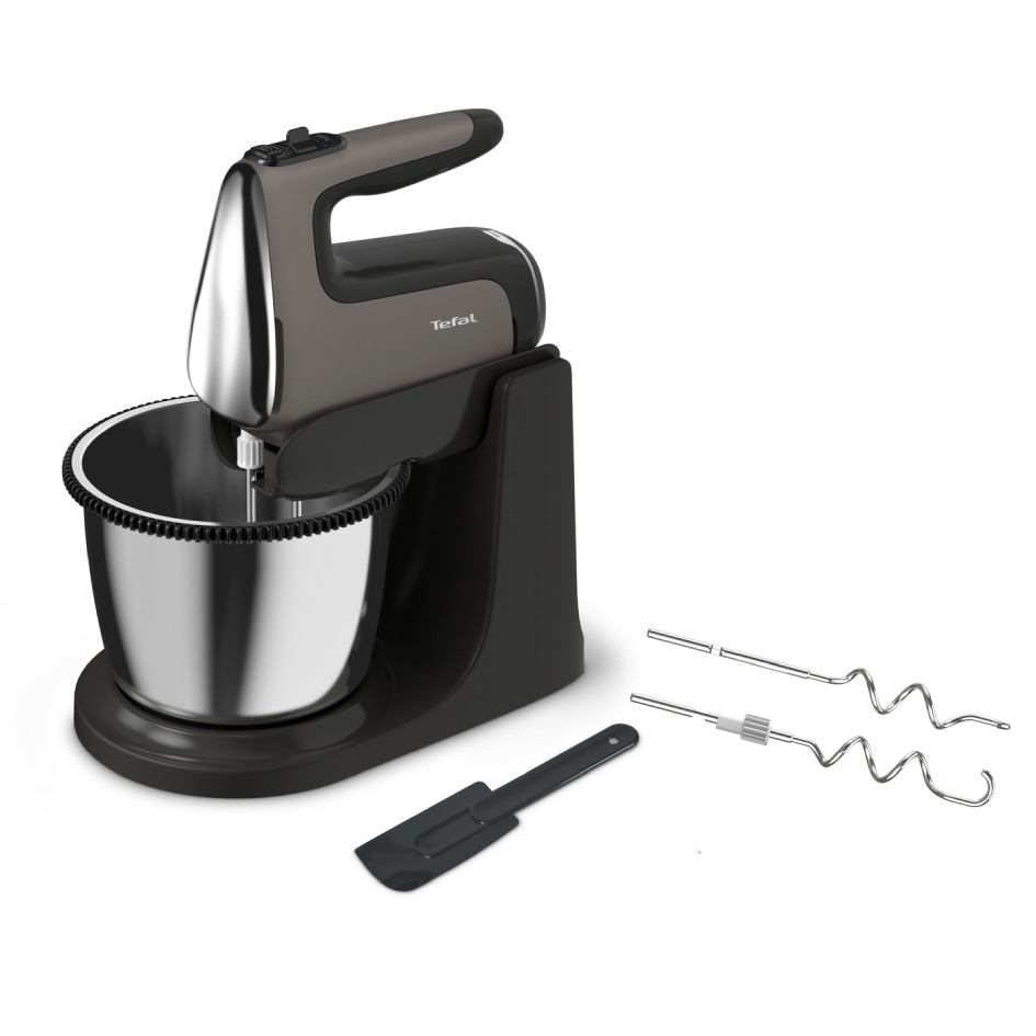 Mixer de mână cu bol Tefal PowerMix Silence HT654E38, 600W, funcție turbo, 2 teluri, 2 cârlige, spatula, rotire automată a bolului, argintiu &amp; negru