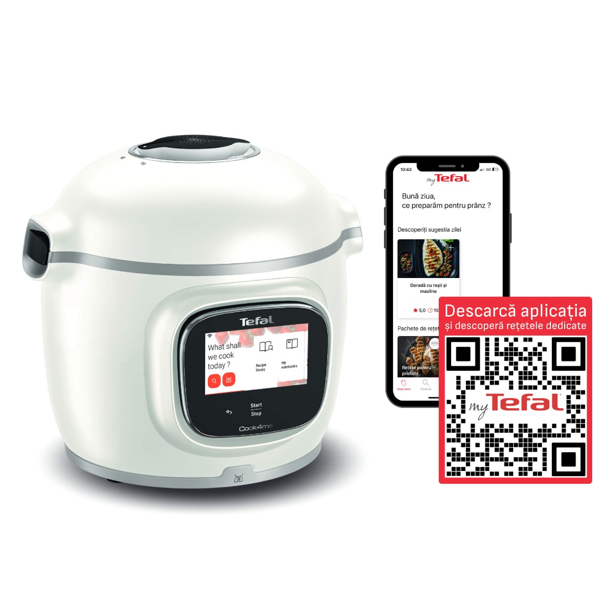 Multicooker inteligent Tefal Cook4me Touch Pro CY9441F2, 1600W, 6L, 13 programe de gătire, 250 rețete preinstalate, ecran tactil, bol cu 2 mânere și c