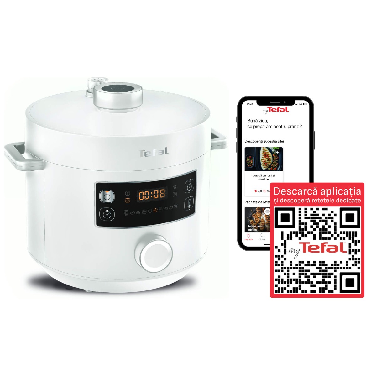 Multicooker cu gătire sub presiune Turbo Cuisine CY754130, aplicație dedicată, 4.8L, 10 programe automate, Funcții inteligente, 12 sisteme de siguranț