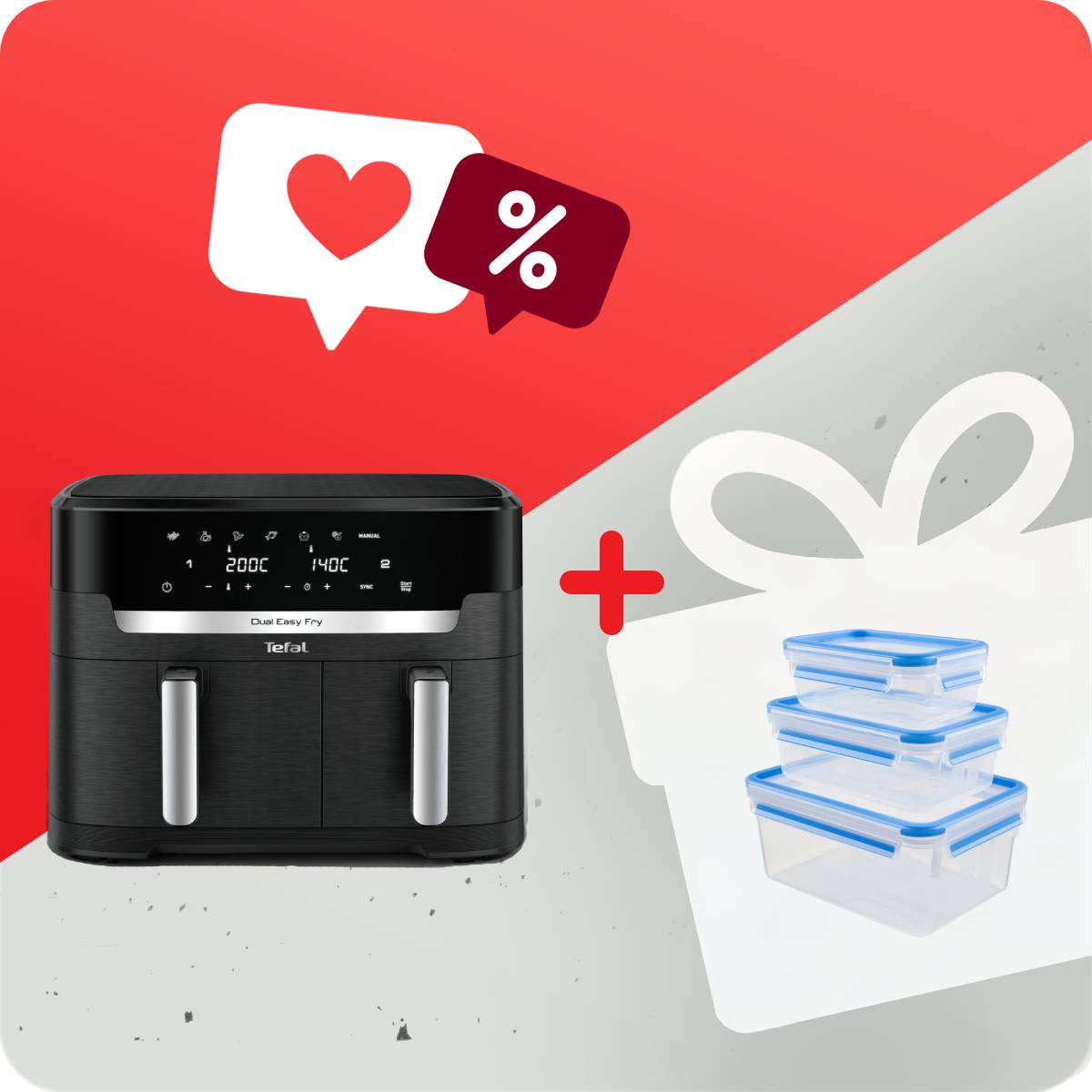 Pachet PROMO Friteuză cu aer cald Tefal Dual Easy Fry XXL EY9428E0 &amp; Set de 3 caserole MasterSeal Plastic K3028912
