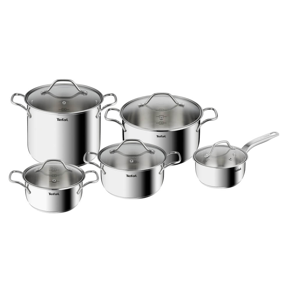 Set 10 piese Tefal Intuition B864SA74, cratiță cu mâner de 16 cm, cratițe și oale cu mânere 18/20/22/24 cm, oțel inoxidabil, inducție, 5 capace de sti