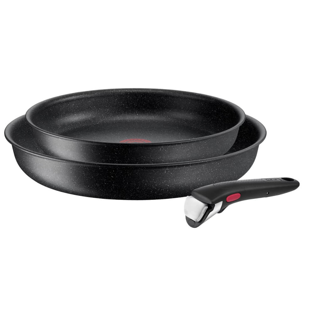 Set de 3 piese Tefal Ingenio Black Stone L3999032, tigaie de 24/28 cm, mâner detașabil, înveliș antiaderent Mineralia+, indicator Thermo-Signal, compa