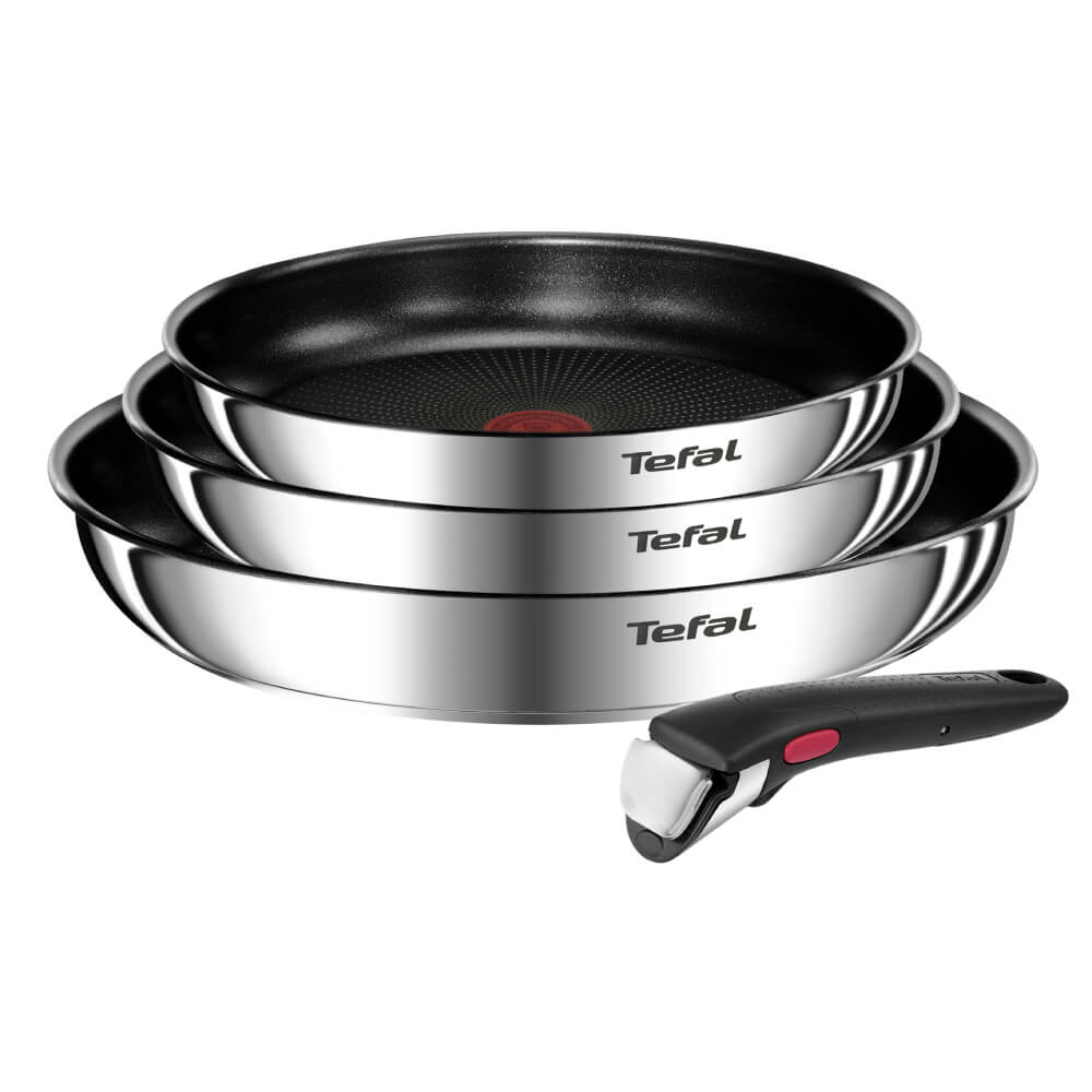 Set 4 piese Tefal Ingenio Emotion L897S455, tigaie de 22/24/28 cm, mâner detașabil, înveliș antiaderent, Thermo-Signal, inducție, argintiu