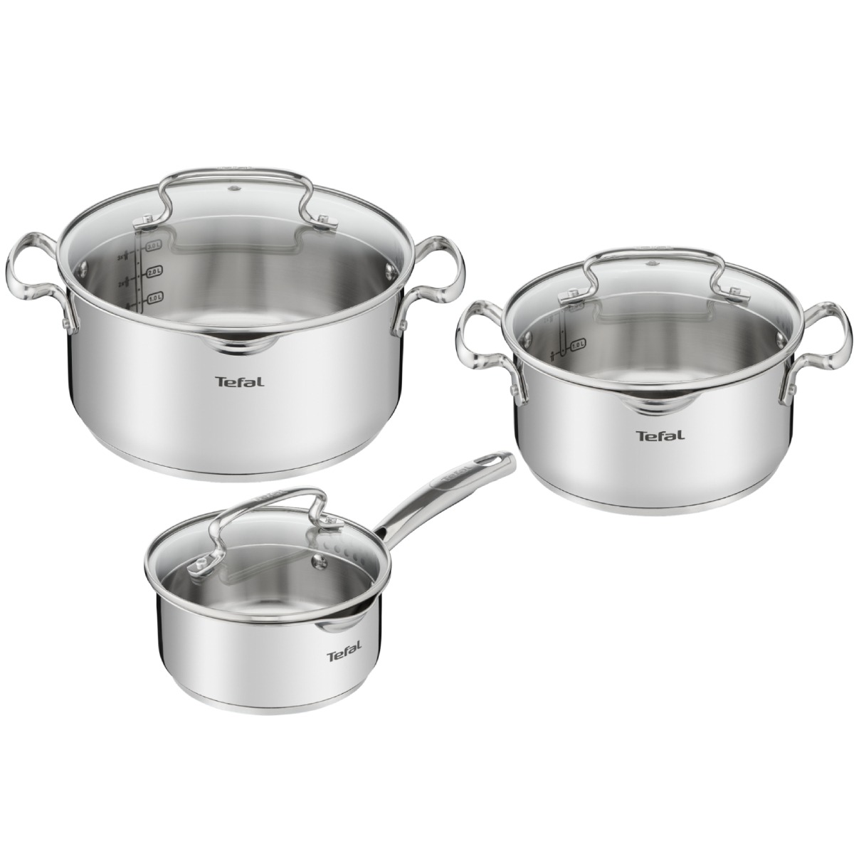 Set de 6 piese Tefal Duetto+ G719S655, oale cu capac de sticla 20 / 24 cm, cratiță cu capac de sticlă 16 cm, inox, inducție, inox, mânere nituite, mar
