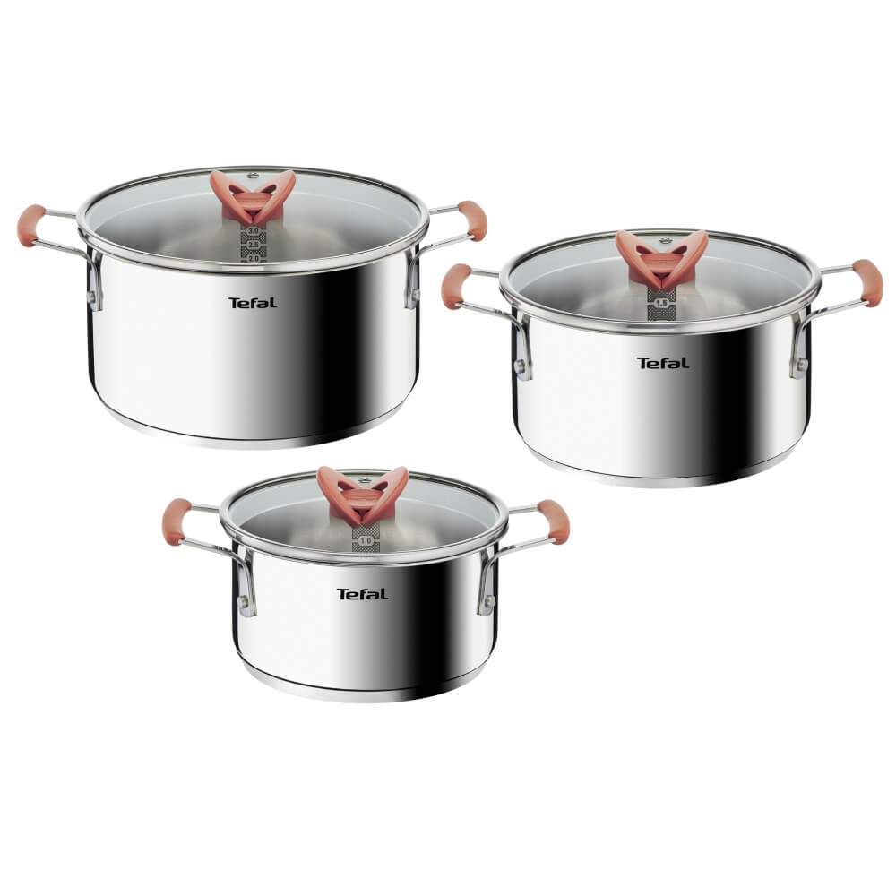 Set 6 piese Tefal Opti&#039;Space G720S674, cratiță 18 cm, oala 20/24 cm, 3 capace de sticlă, oțel inoxidabil, mânere anti-alunecare, inducție