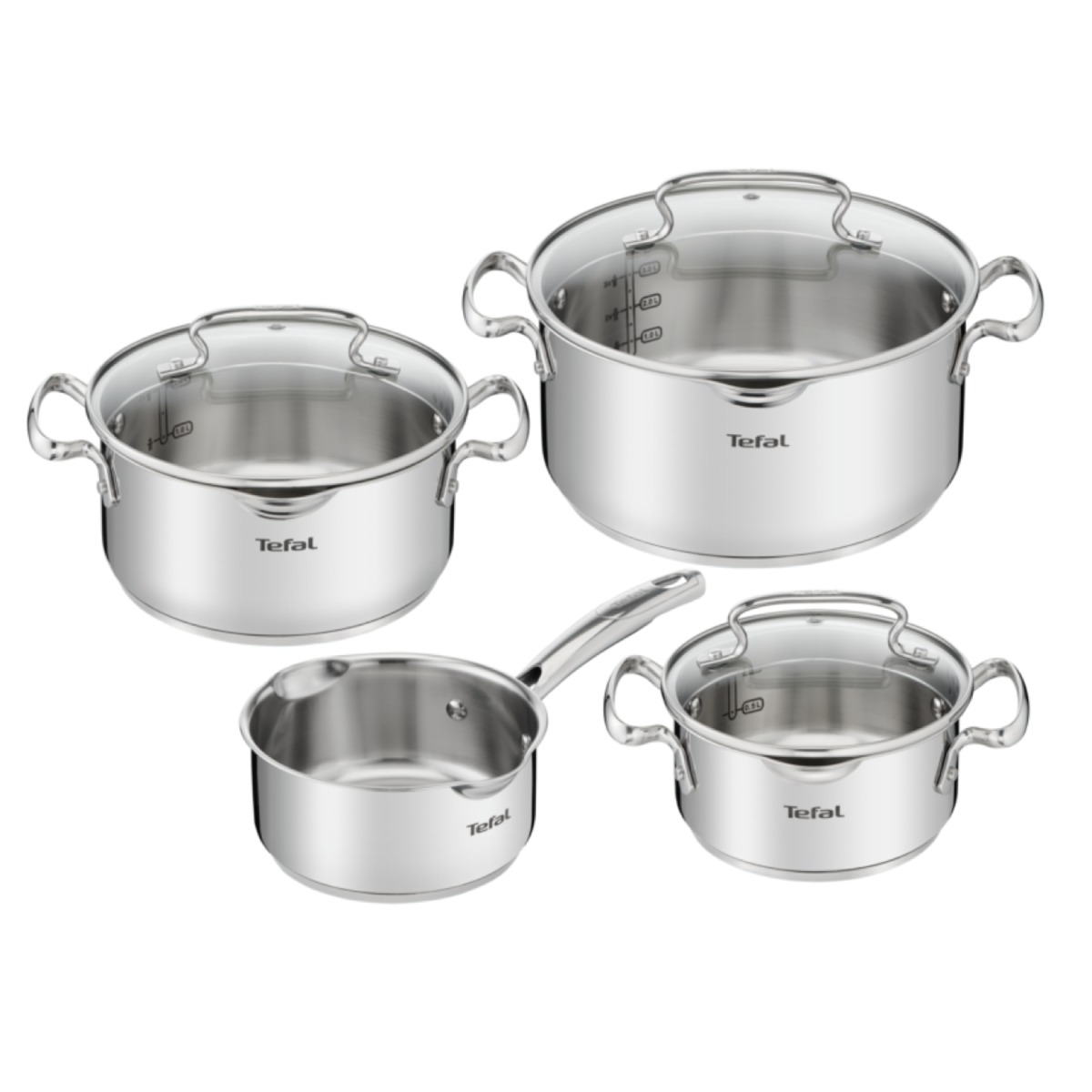 Set de 7 piese Tefal Duetto+ G719S735, oale cu capac de sticlă 16 / 20 / 24 cm, cratiță 16 cm, inducție, inox, mânere nituite, margini turnare, gradaț