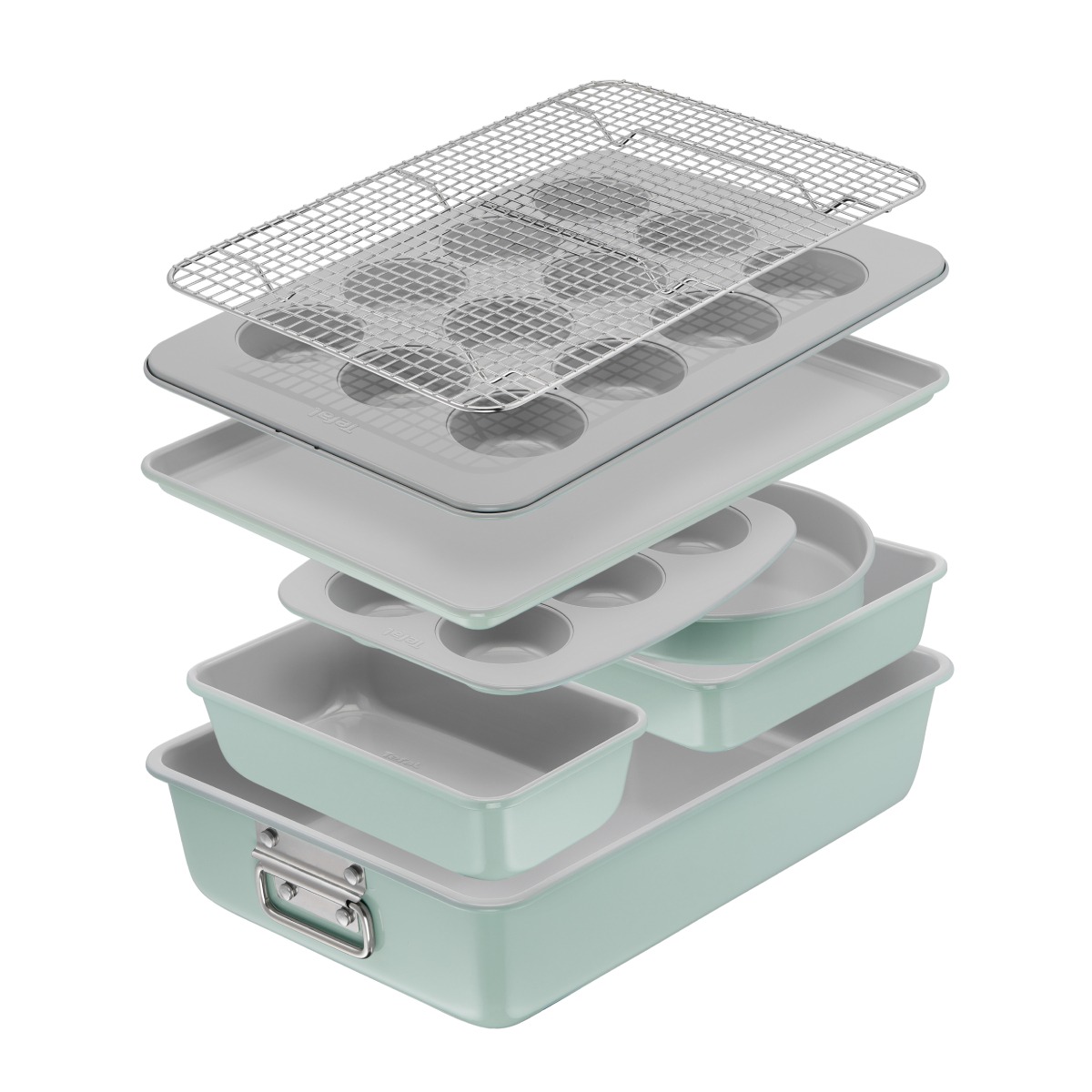 Set pentru copt Tefal Ceramik J175S804, 8 piese, invelis ceramic antiaderent, design stivuibil, verde